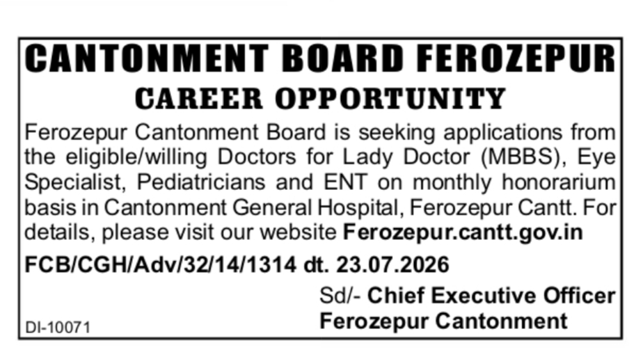 Ferozepur Cantonment Board Vacancy 2026
