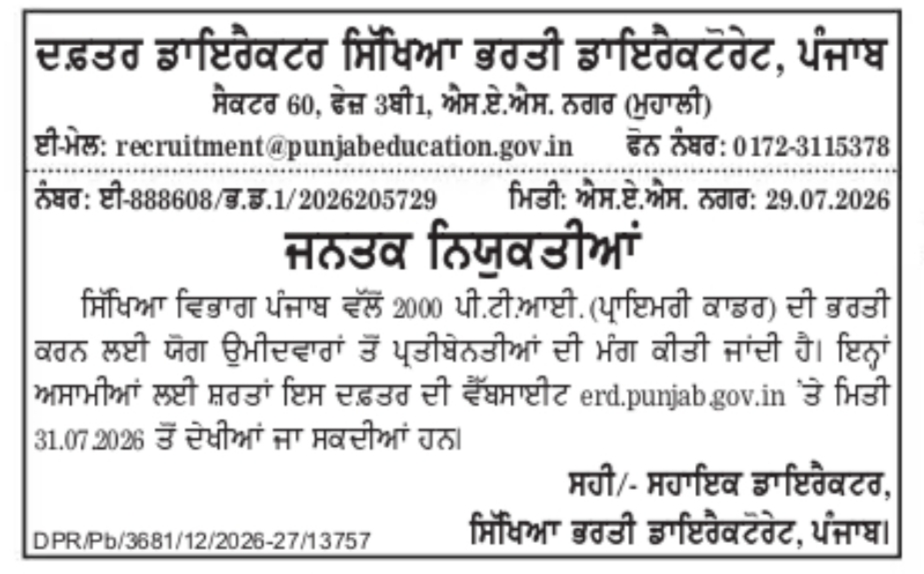 Punjab PTI Recruitment 2026