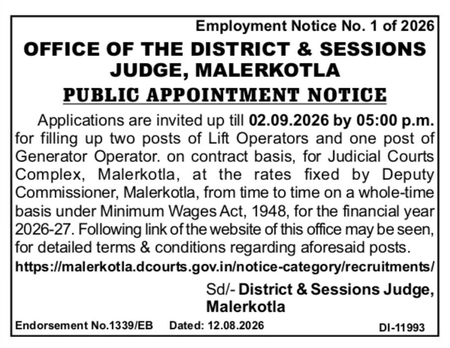 Malerkotla District Court Vacancy 2026