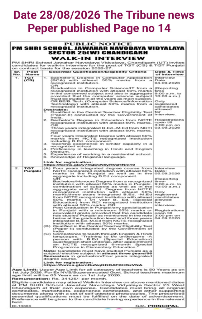 PM Shri JNV Chandigarh Recruitment 2026