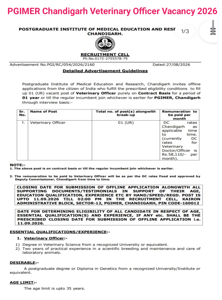 PGIMER Chandigarh Veterinary Officer Vacancy 2026