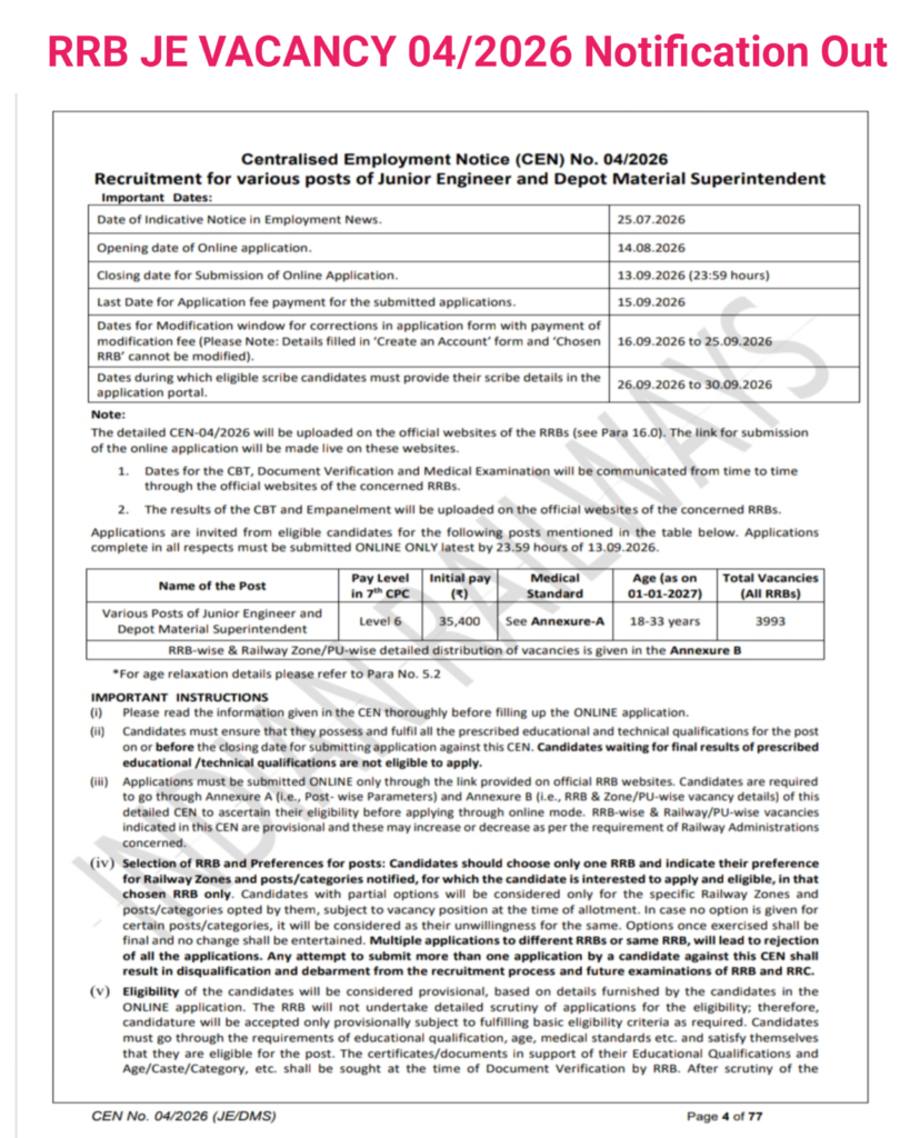 RRB Junior Engineer VACANCY 04/2026 Notification Out