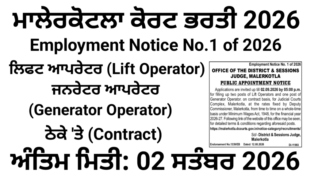Malerkotla District Court Vacancy 2026-Lift & Generator Operator Posts Out