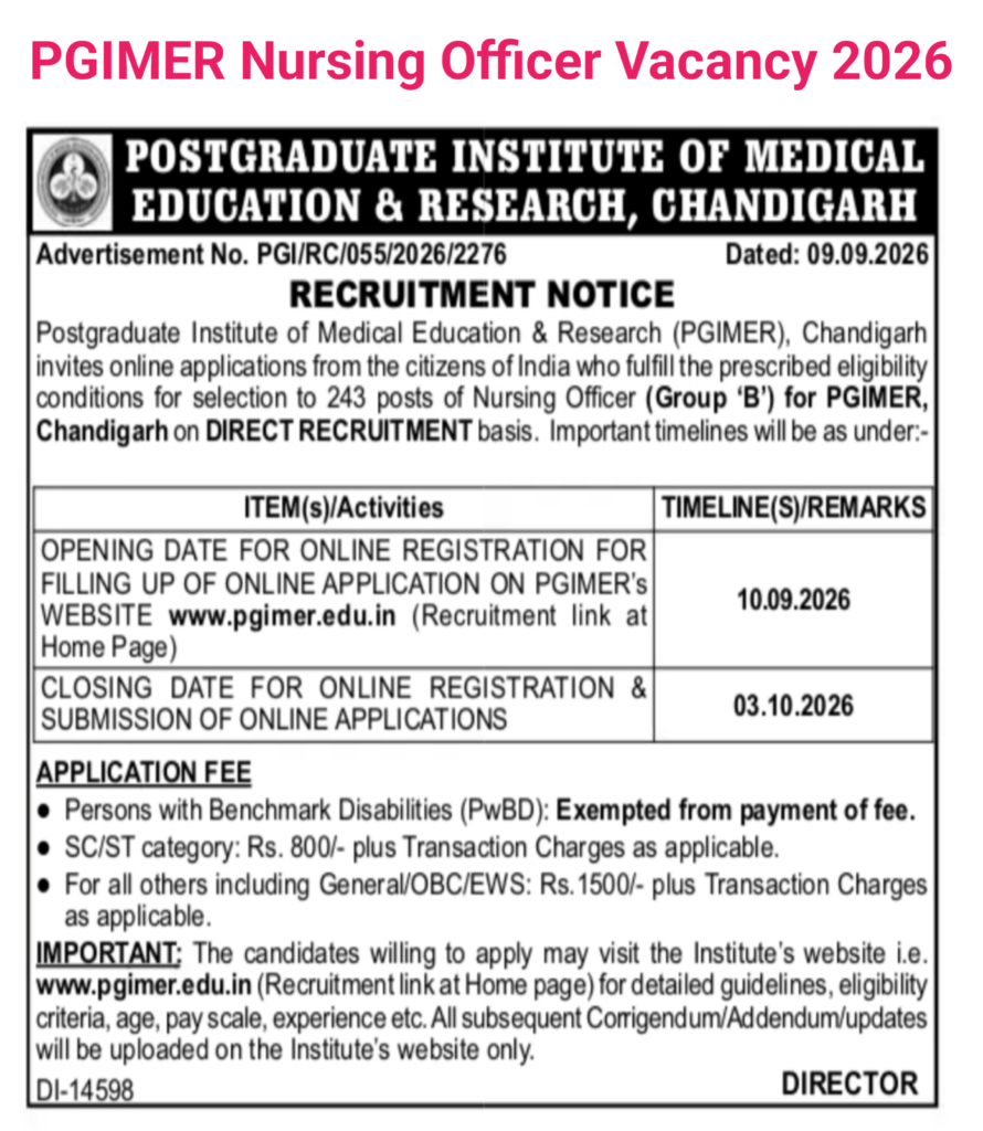 PGIMER Nursing Officer New Vacancy 2026