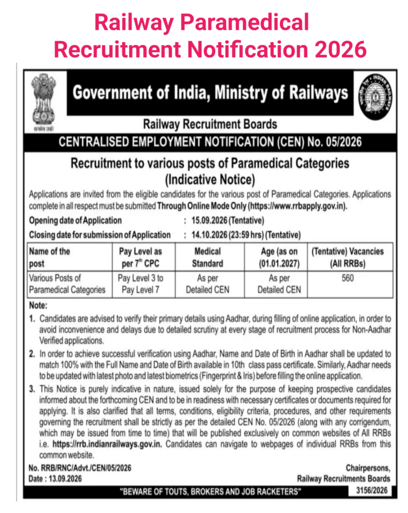 Railway Paramedical Recruitment Notification