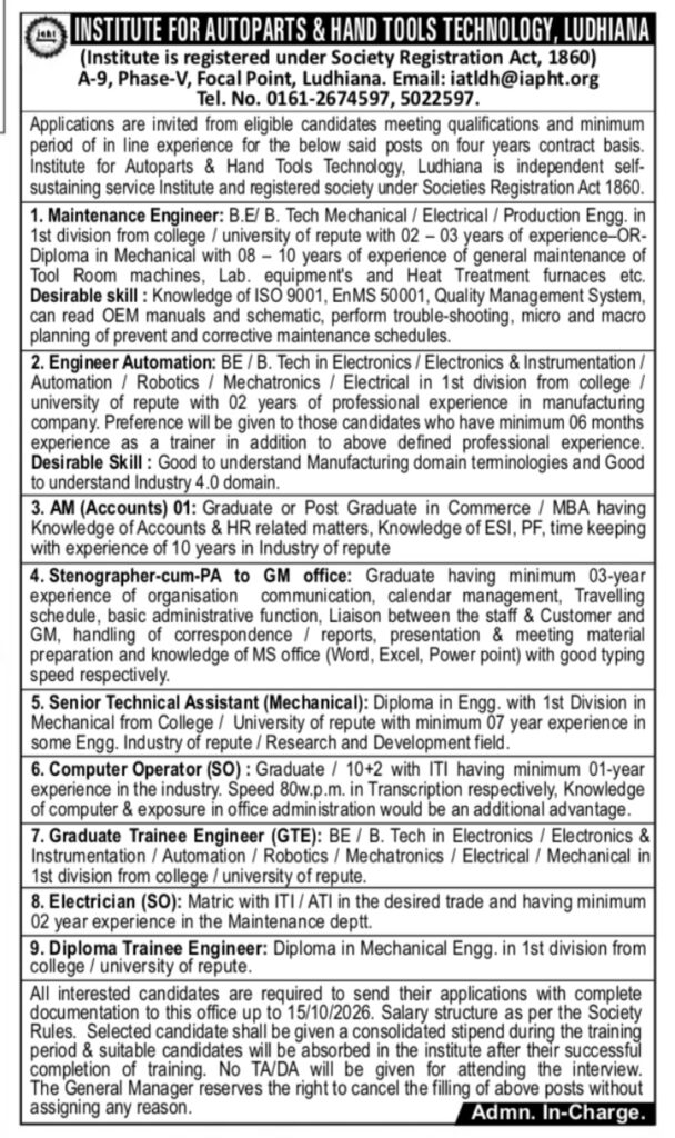 Institute For Autoparts & Hand Tools Recruitment 2026